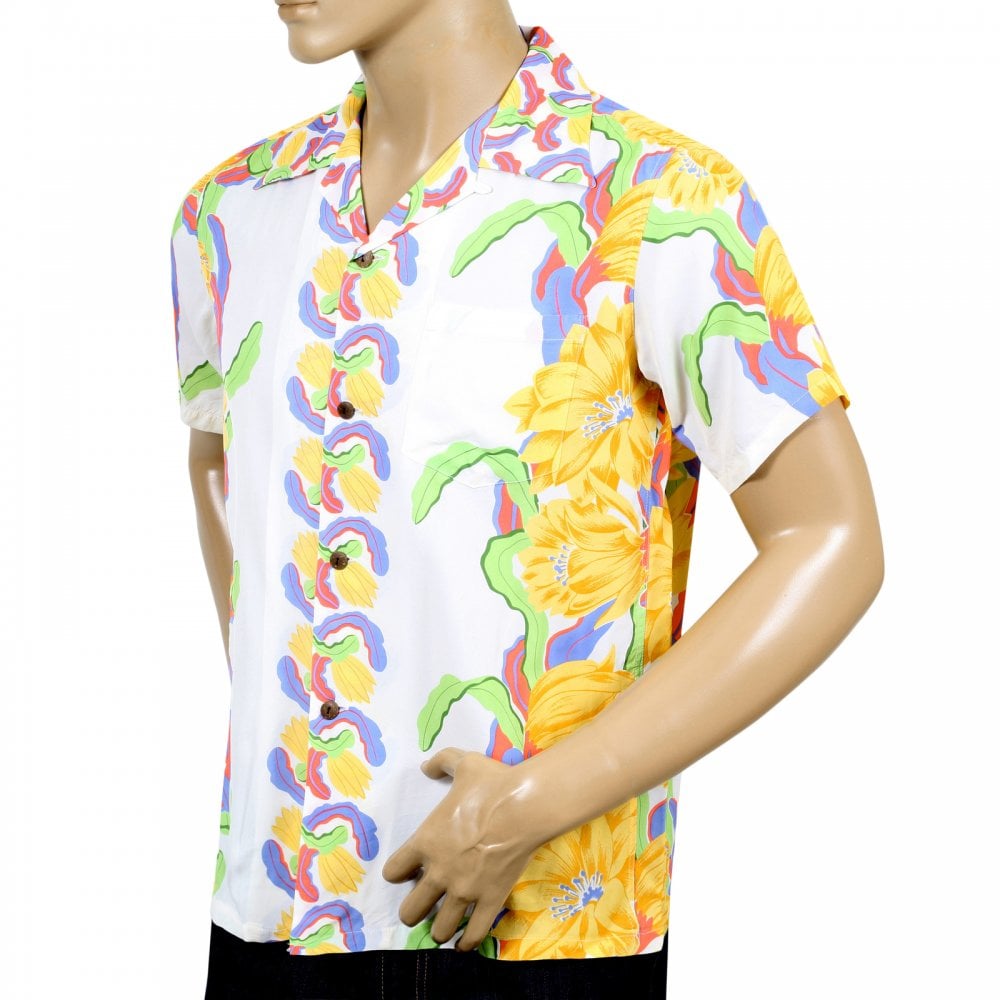 Sun Surf Night Blooming Cereus Border SS33876 White Short Sleeve Regular Fit Hawaiian Shirt for Men