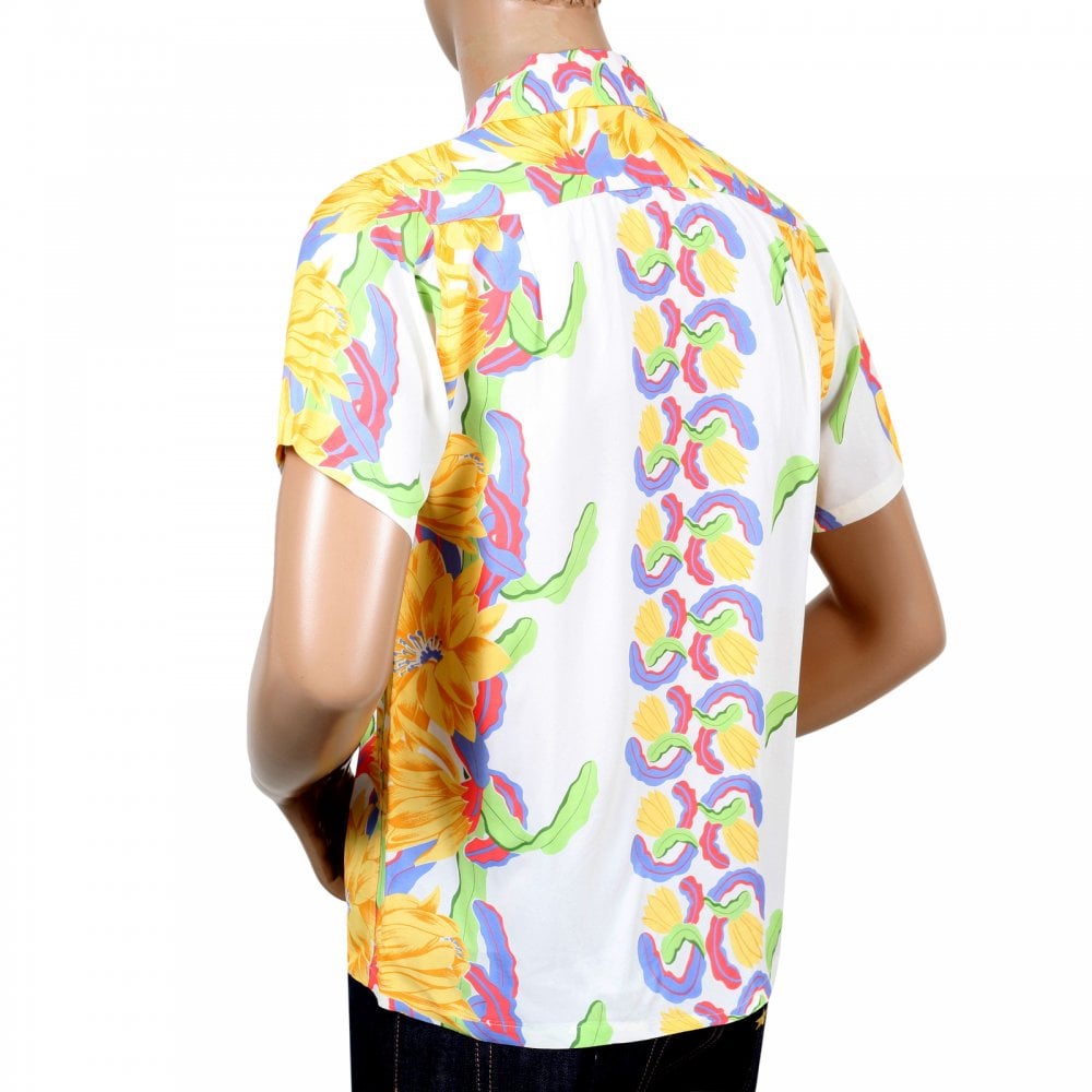 Sun Surf Night Blooming Cereus Border SS33876 White Short Sleeve Regular Fit Hawaiian Shirt for Men