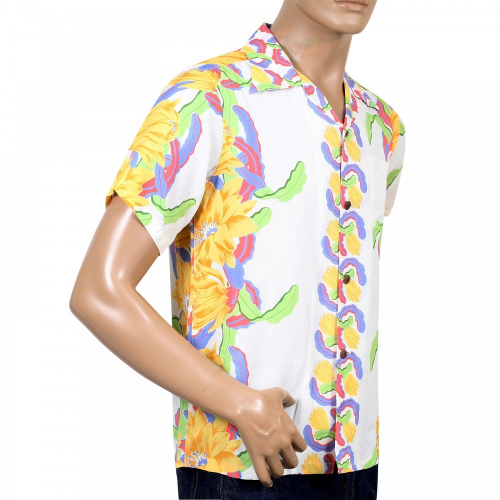 Sun Surf Night Blooming Cereus Border SS33876 White Short Sleeve Regular Fit Hawaiian Shirt for Men