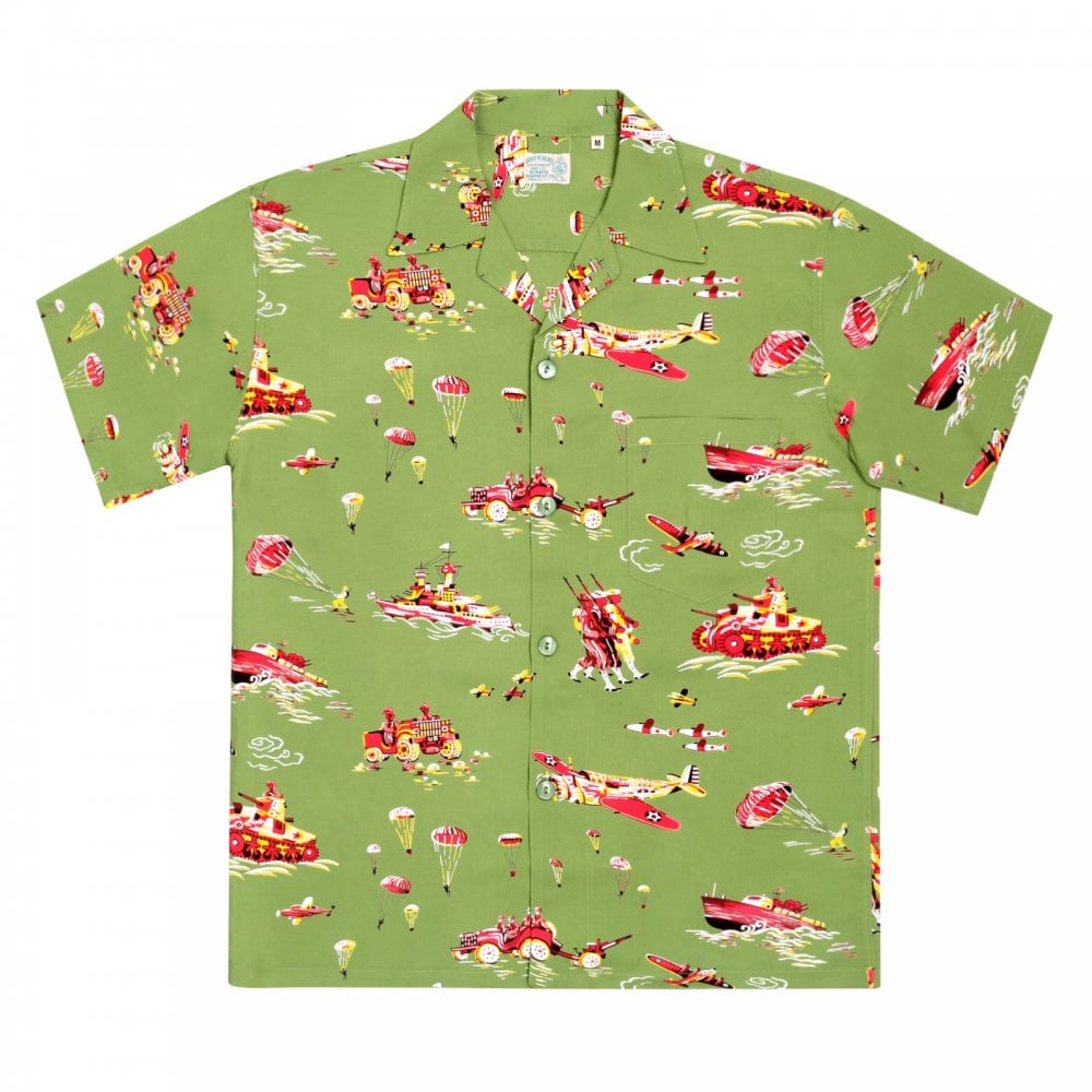 Mens Regular fit Olive Oahu History of Troops Printed SS37576 Hawaiian Shirt with Cuban collar by Sun Surf