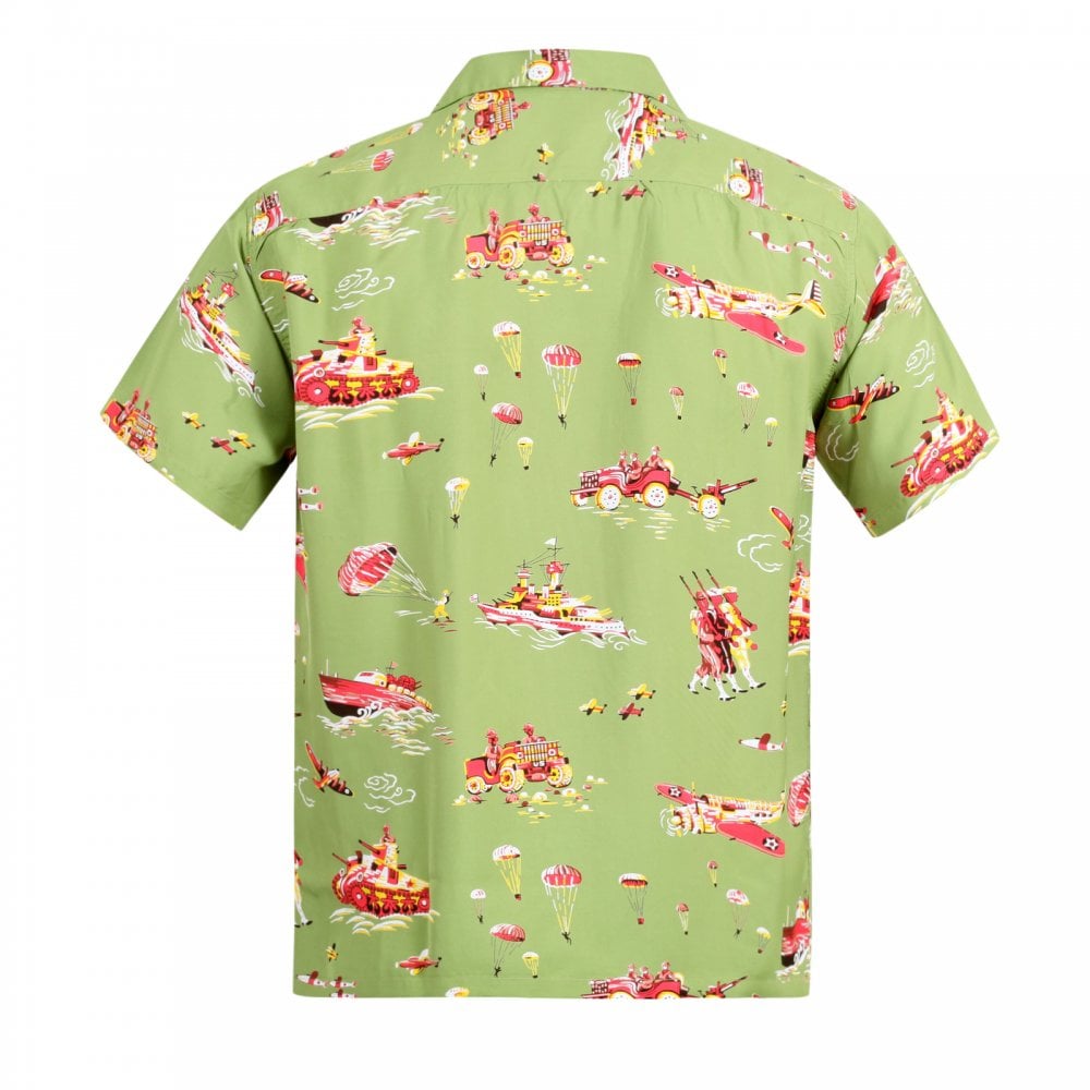 Mens Regular fit Olive Oahu History of Troops Printed SS37576 Hawaiian Shirt with Cuban collar by Sun Surf