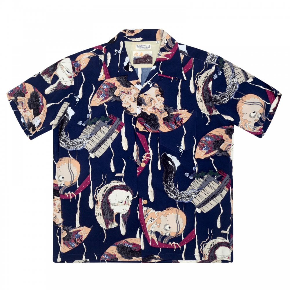 Sun Surf Special Edition Mens Rayon Navy Regular Fit SS37653 Short Sleeve One Hundred Ghost Tales Printed Hawaiian Shirt with Wooden Buttons
