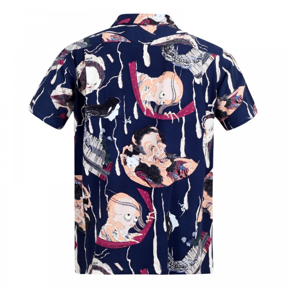 Sun Surf Special Edition Mens Rayon Navy Regular Fit SS37653 Short Sleeve One Hundred Ghost Tales Printed Hawaiian Shirt with Wooden Buttons