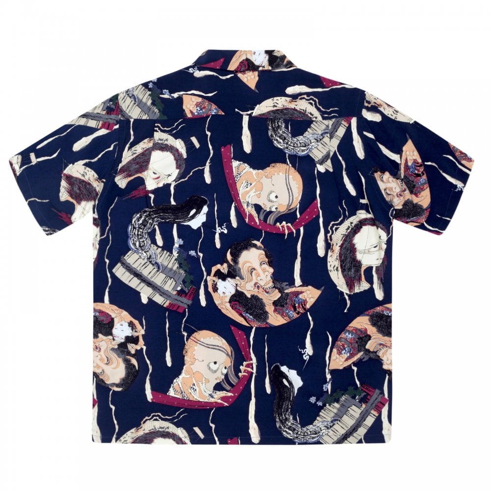 Sun Surf Special Edition Mens Rayon Navy Regular Fit SS37653 Short Sleeve One Hundred Ghost Tales Printed Hawaiian Shirt with Wooden Buttons