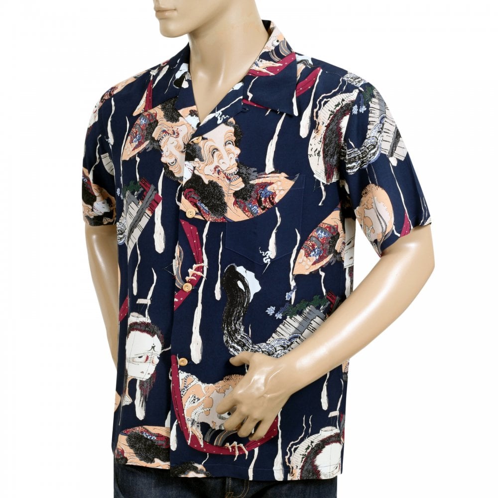 Sun Surf Special Edition Mens Rayon Navy Regular Fit SS37653 Short Sleeve One Hundred Ghost Tales Printed Hawaiian Shirt with Wooden Buttons