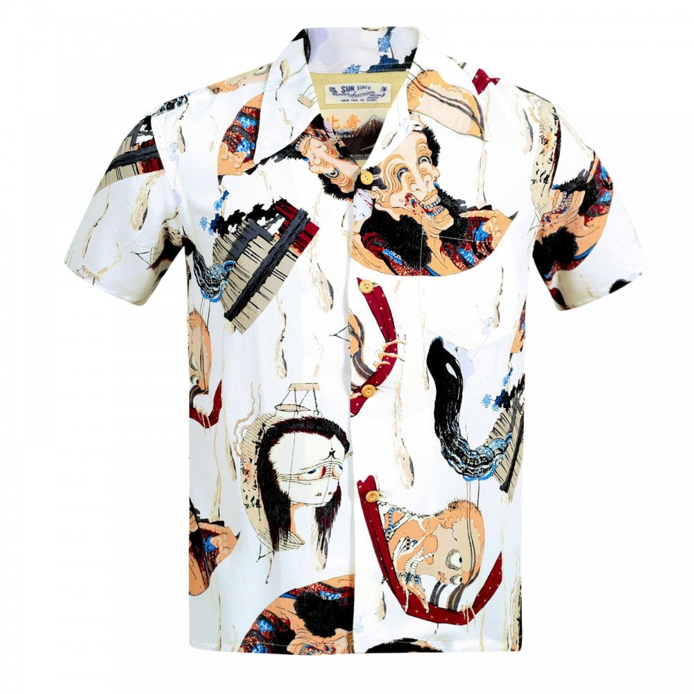 Sun Surf Special Edition Mens Rayon Off White Regular Fit SS37653 Short Sleeve One Hundred Ghost Tales Print Hawaiian Shirt