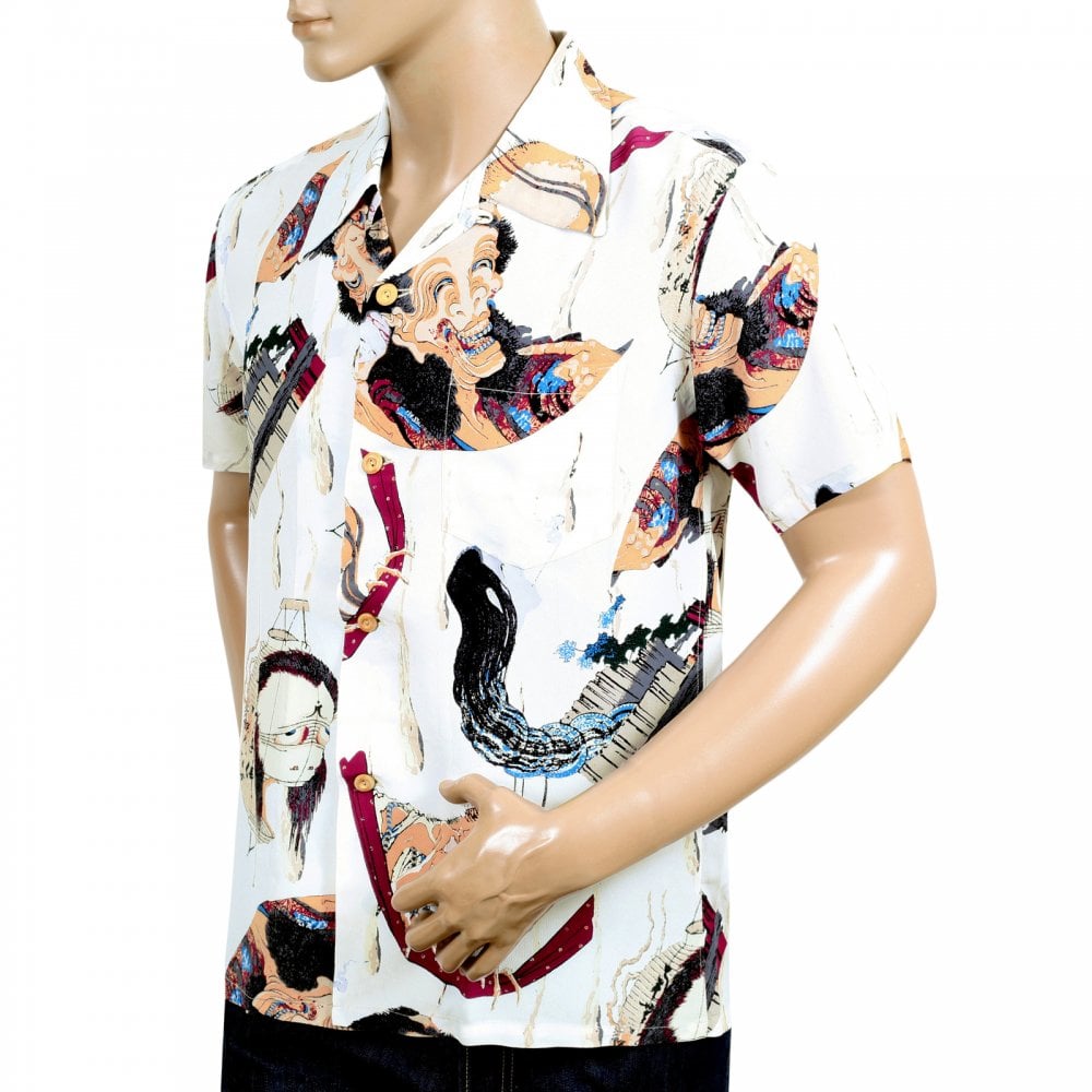 Sun Surf Special Edition Mens Rayon Off White Regular Fit SS37653 Short Sleeve One Hundred Ghost Tales Print Hawaiian Shirt