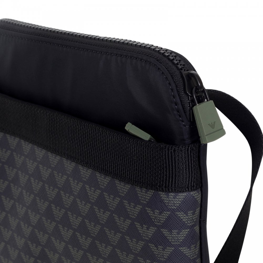 Emporio Armani Mens Jacquard Logo Front PVC Made Nylon Finish Y4M168 YKS4V Black Messenger Bag with Inner Pouch for Mobile