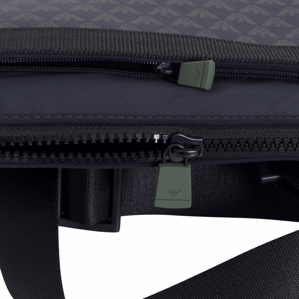Emporio Armani Mens Jacquard Logo Front PVC Made Nylon Finish Y4M168 YKS4V Black Messenger Bag with Inner Pouch for Mobile