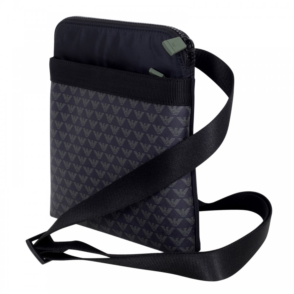 Emporio Armani Mens Jacquard Logo Front PVC Made Nylon Finish Y4M168 YKS4V Black Messenger Bag with Inner Pouch for Mobile
