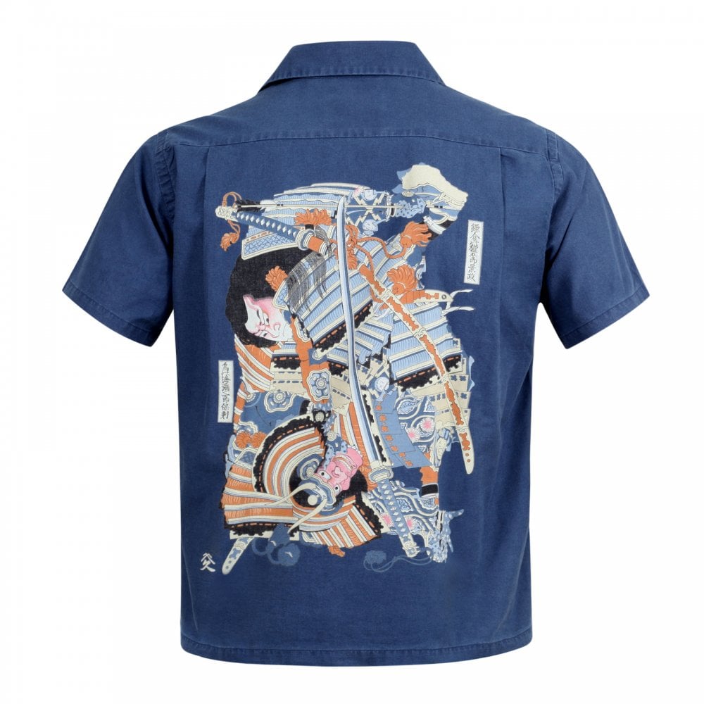 Sun Surf Navy Cotton Regular Fit SS37652 Short Sleeved Limited Edition Mens Hawaiian Shirt with Musha-E Drawing Print