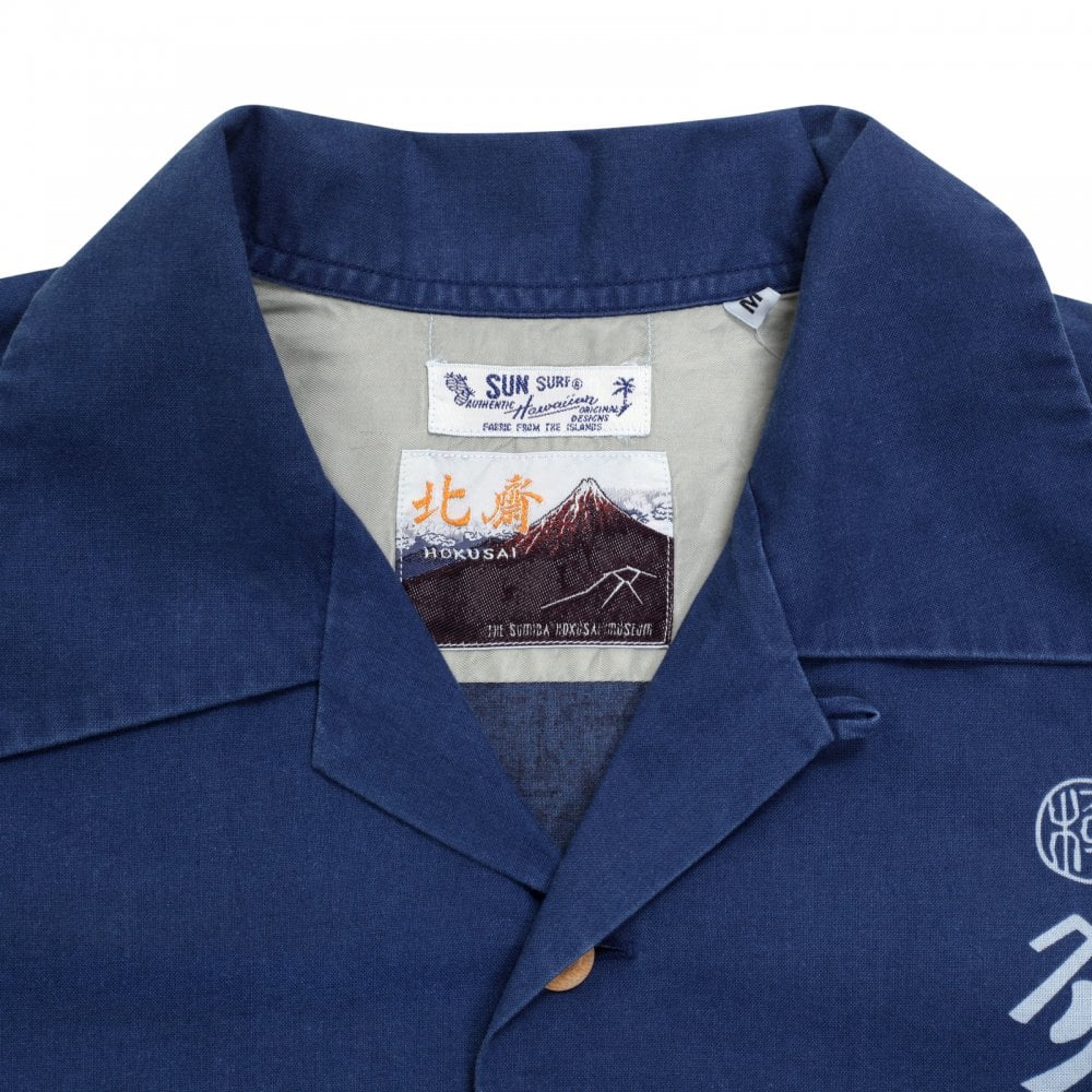 Sun Surf Navy Cotton Regular Fit SS37652 Short Sleeved Limited Edition Mens Hawaiian Shirt with Musha-E Drawing Print