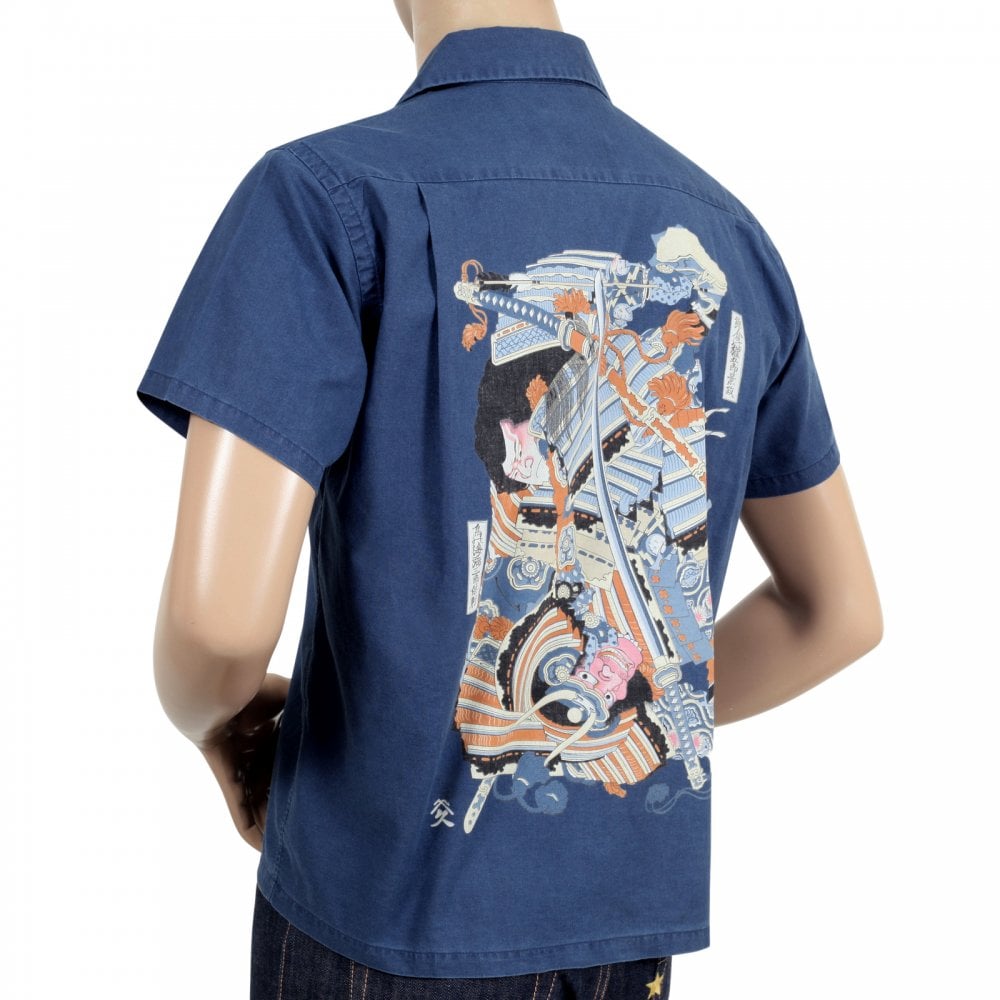 Sun Surf Navy Cotton Regular Fit SS37652 Short Sleeved Limited Edition Mens Hawaiian Shirt with Musha-E Drawing Print