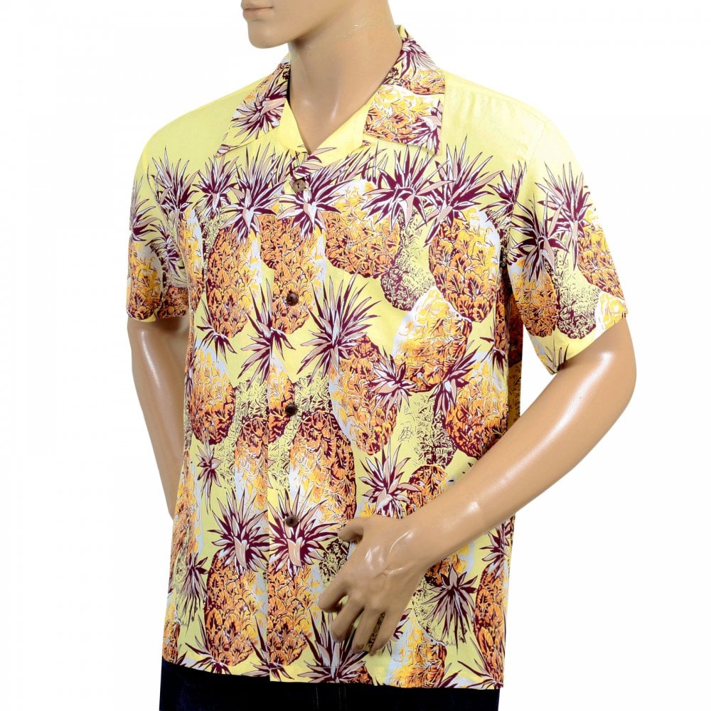 Sun Surf Yellow Rayon Short Sleeve SS36441 Regular Fit Mens Hawaiian Shirt with Pineapple Print