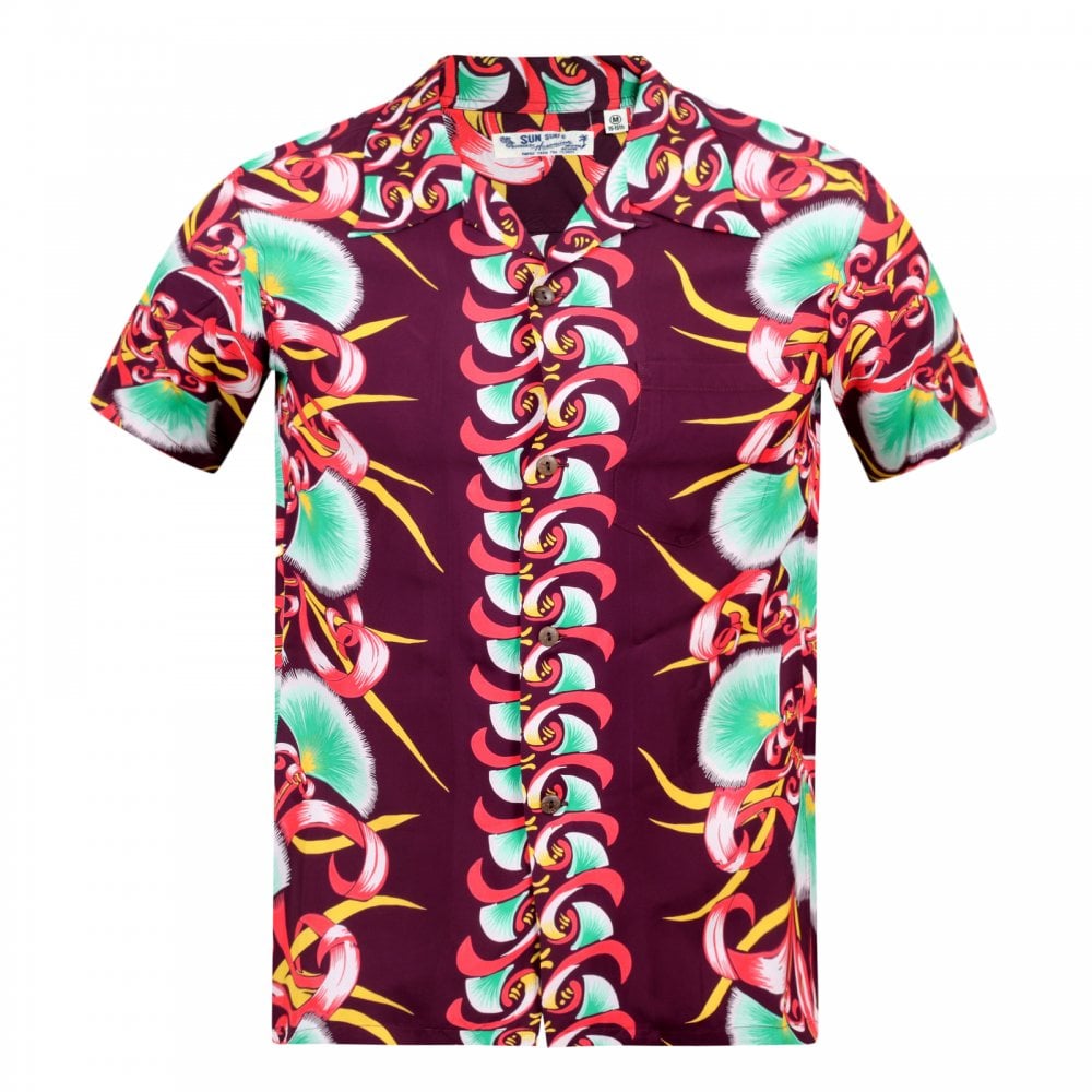 Sun Surf Wine Rayon Short Sleeve SS37793 Regular Fit Mens Hawaiian Shirt with Aloha Bombax Tree Print