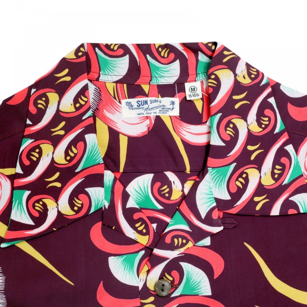 Sun Surf Wine Rayon Short Sleeve SS37793 Regular Fit Mens Hawaiian Shirt with Aloha Bombax Tree Print