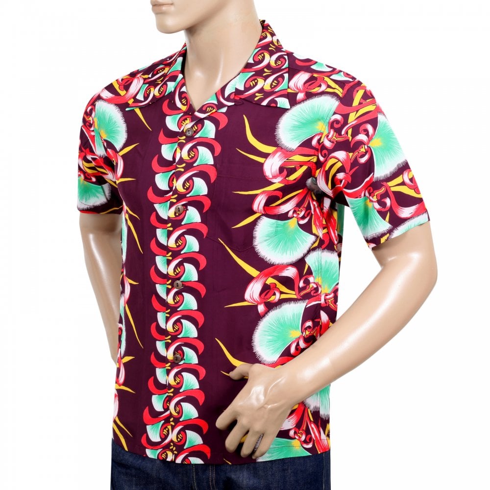 Sun Surf Wine Rayon Short Sleeve SS37793 Regular Fit Mens Hawaiian Shirt with Aloha Bombax Tree Print