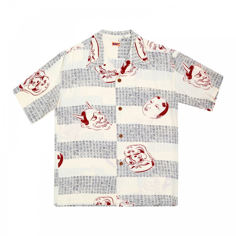 Sun Surf Off-White Rayon SS37790 Mens Regular Fit Short Sleeve Hawaiian Shirt with Noh-Men Print