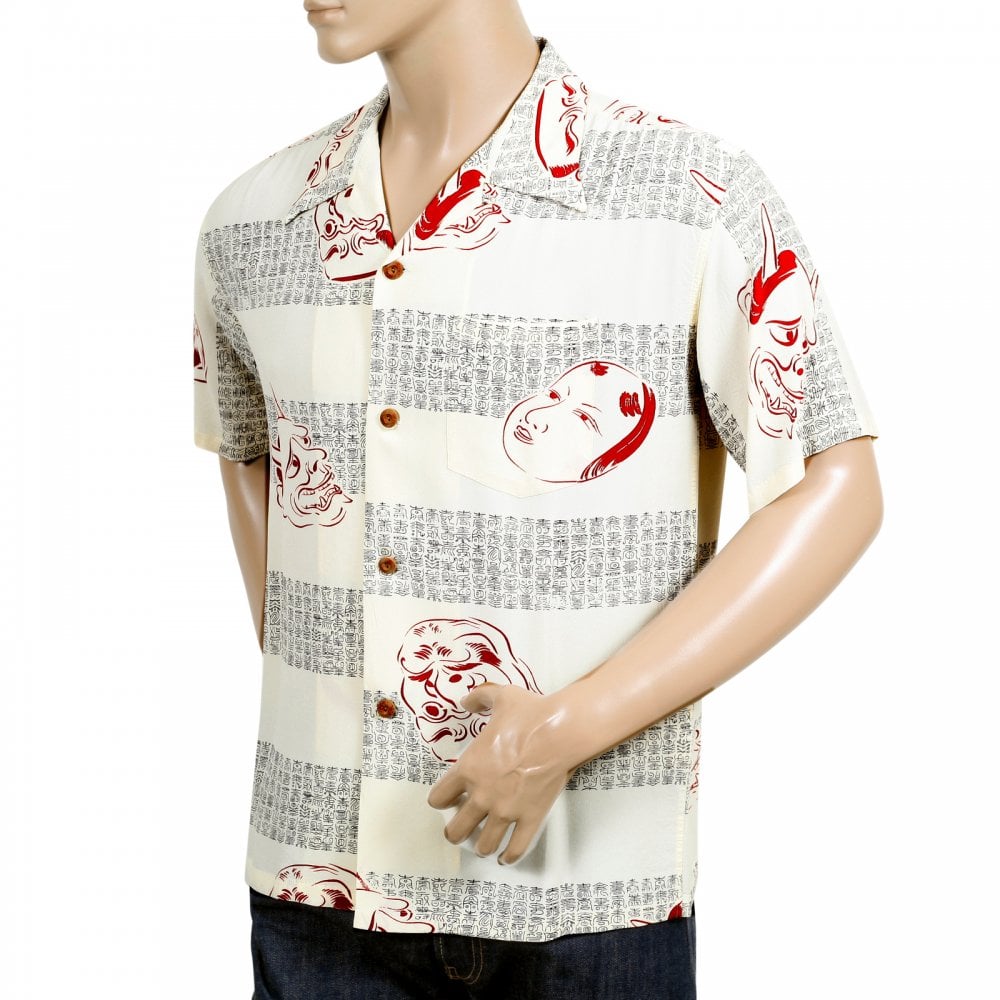 Sun Surf Off-White Rayon SS37790 Mens Regular Fit Short Sleeve Hawaiian Shirt with Noh-Men Print