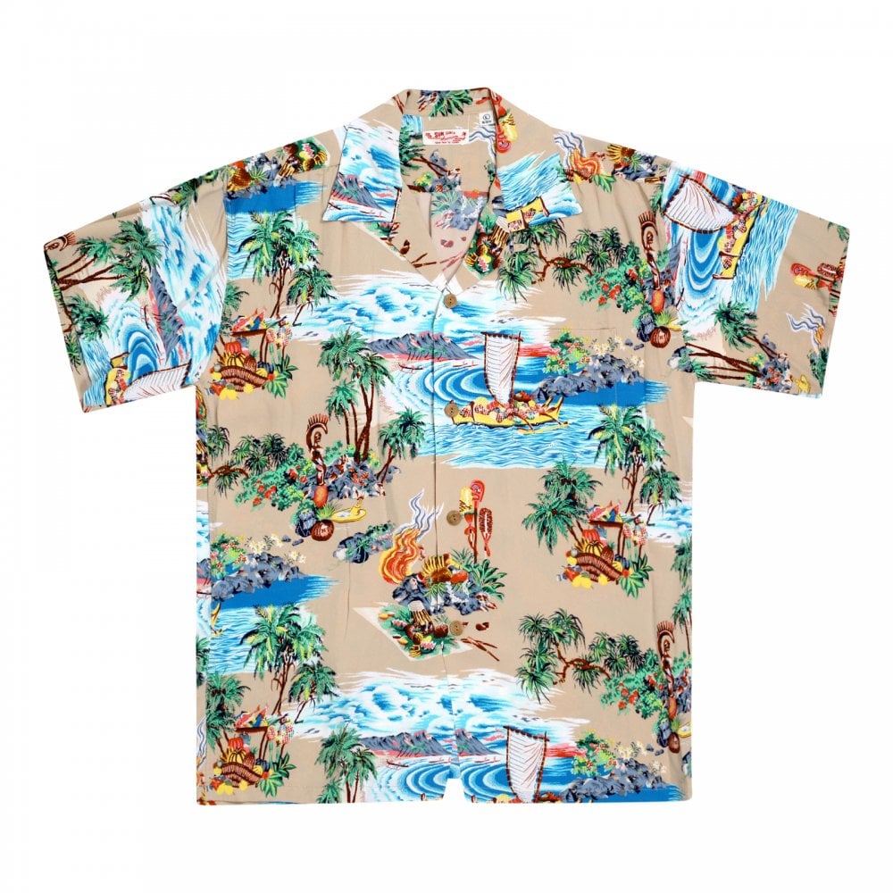 Sun Surf Beige Rayon Short Sleeve SS37781 Regular Fit Mens Hawaiian Shirt with Island Chronicle Print