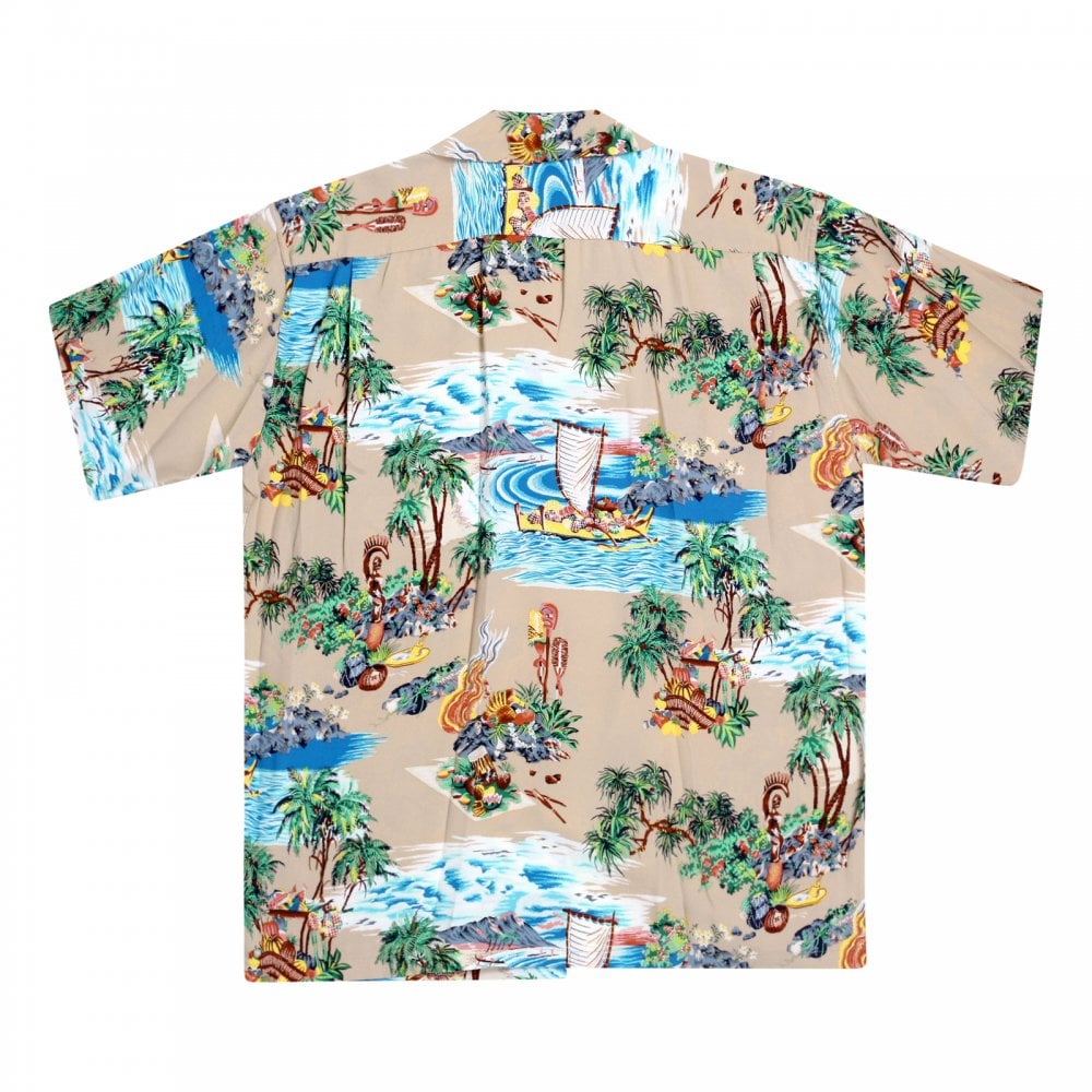 Sun Surf Beige Rayon Short Sleeve SS37781 Regular Fit Mens Hawaiian Shirt with Island Chronicle Print
