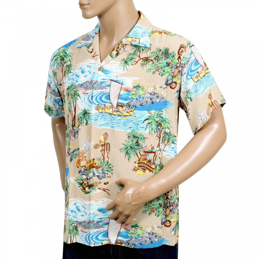 Sun Surf Beige Rayon Short Sleeve SS37781 Regular Fit Mens Hawaiian Shirt with Island Chronicle Print
