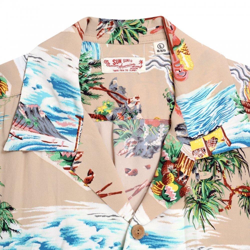 Sun Surf Beige Rayon Short Sleeve SS37781 Regular Fit Mens Hawaiian Shirt with Island Chronicle Print
