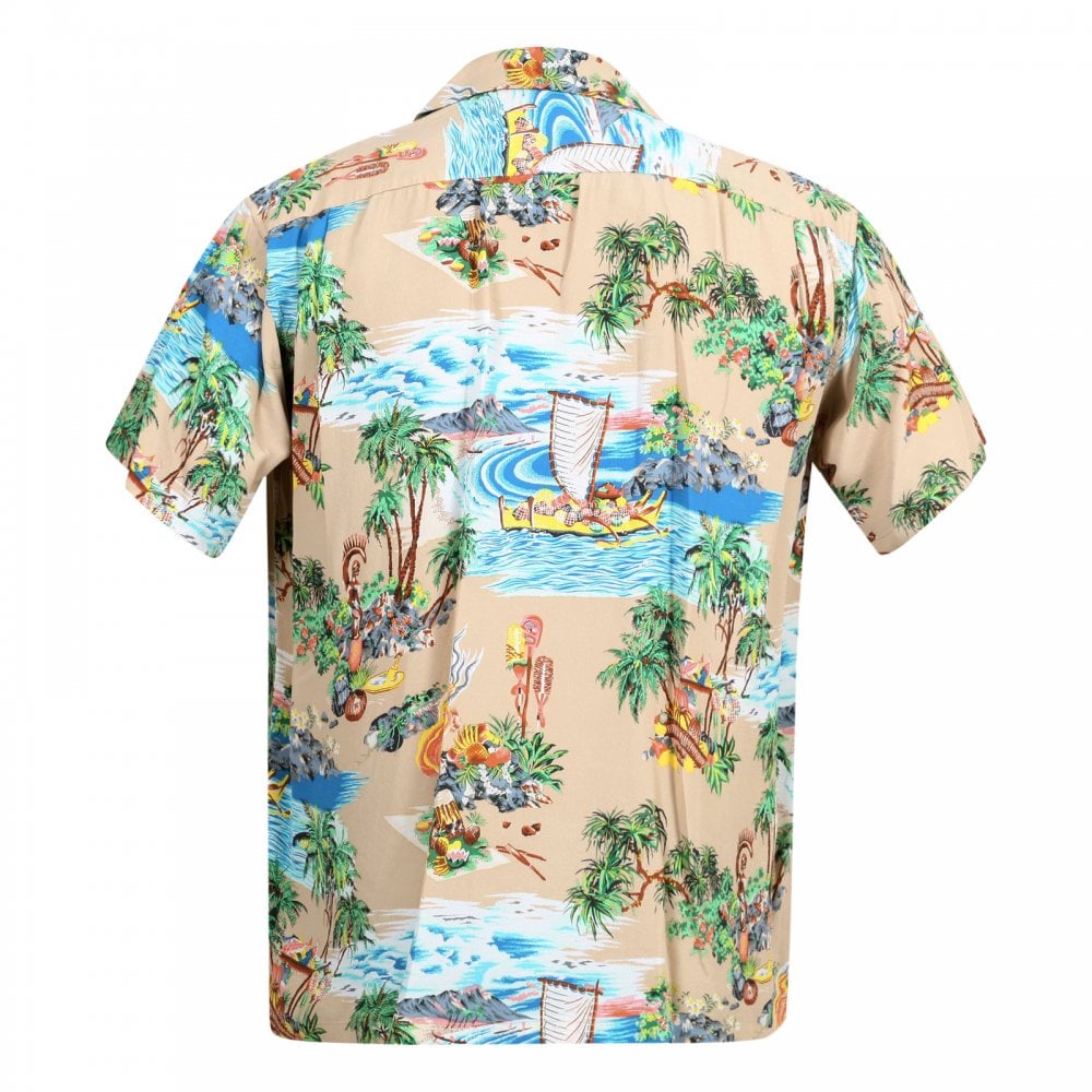 Sun Surf Beige Rayon Short Sleeve SS37781 Regular Fit Mens Hawaiian Shirt with Island Chronicle Print
