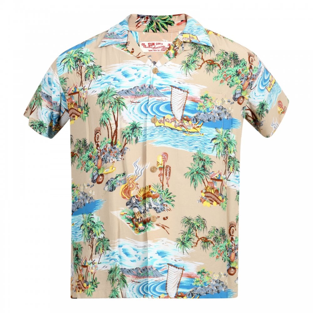 Sun Surf Beige Rayon Short Sleeve SS37781 Regular Fit Mens Hawaiian Shirt with Island Chronicle Print