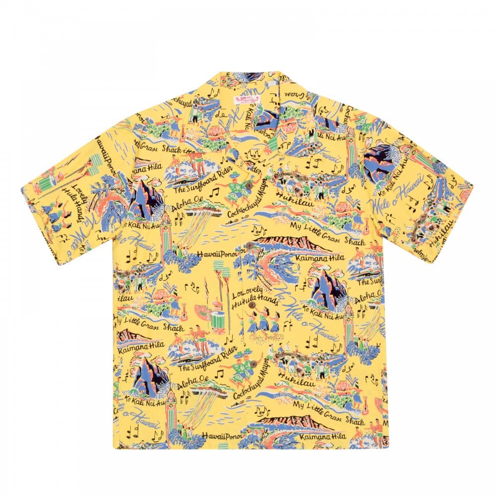 Sun Surf Yellow Rayon Short Sleeve SS37787 Regular Fit Mens Hawaiian Shirt with The Song of Hawaii Print