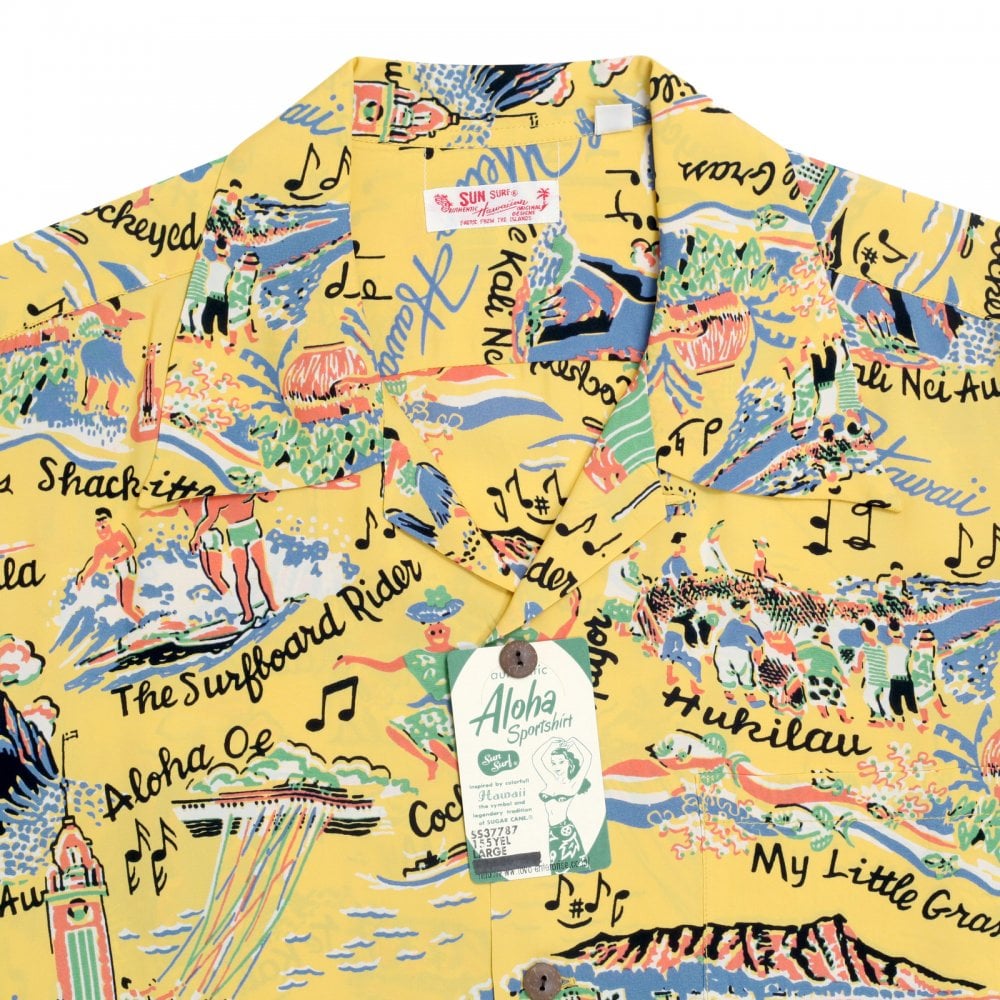 Sun Surf Yellow Rayon Short Sleeve SS37787 Regular Fit Mens Hawaiian Shirt with The Song of Hawaii Print