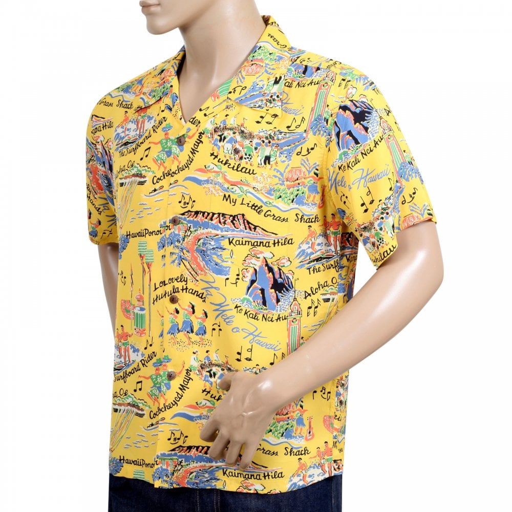 Sun Surf Yellow Rayon Short Sleeve SS37787 Regular Fit Mens Hawaiian Shirt with The Song of Hawaii Print