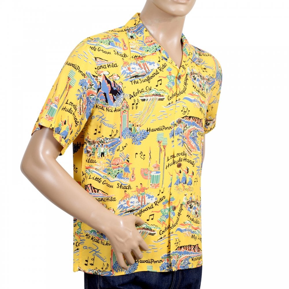 Sun Surf Yellow Rayon Short Sleeve SS37787 Regular Fit Mens Hawaiian Shirt with The Song of Hawaii Print