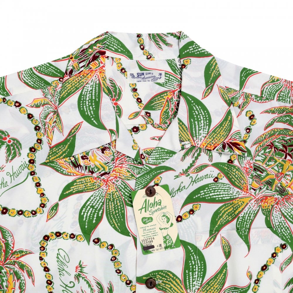 Sun Surf Off White Rayon Short Sleeve SS37774 Regular Fit Mens Hawaiian Shirt with Dreams and Pineapples Print