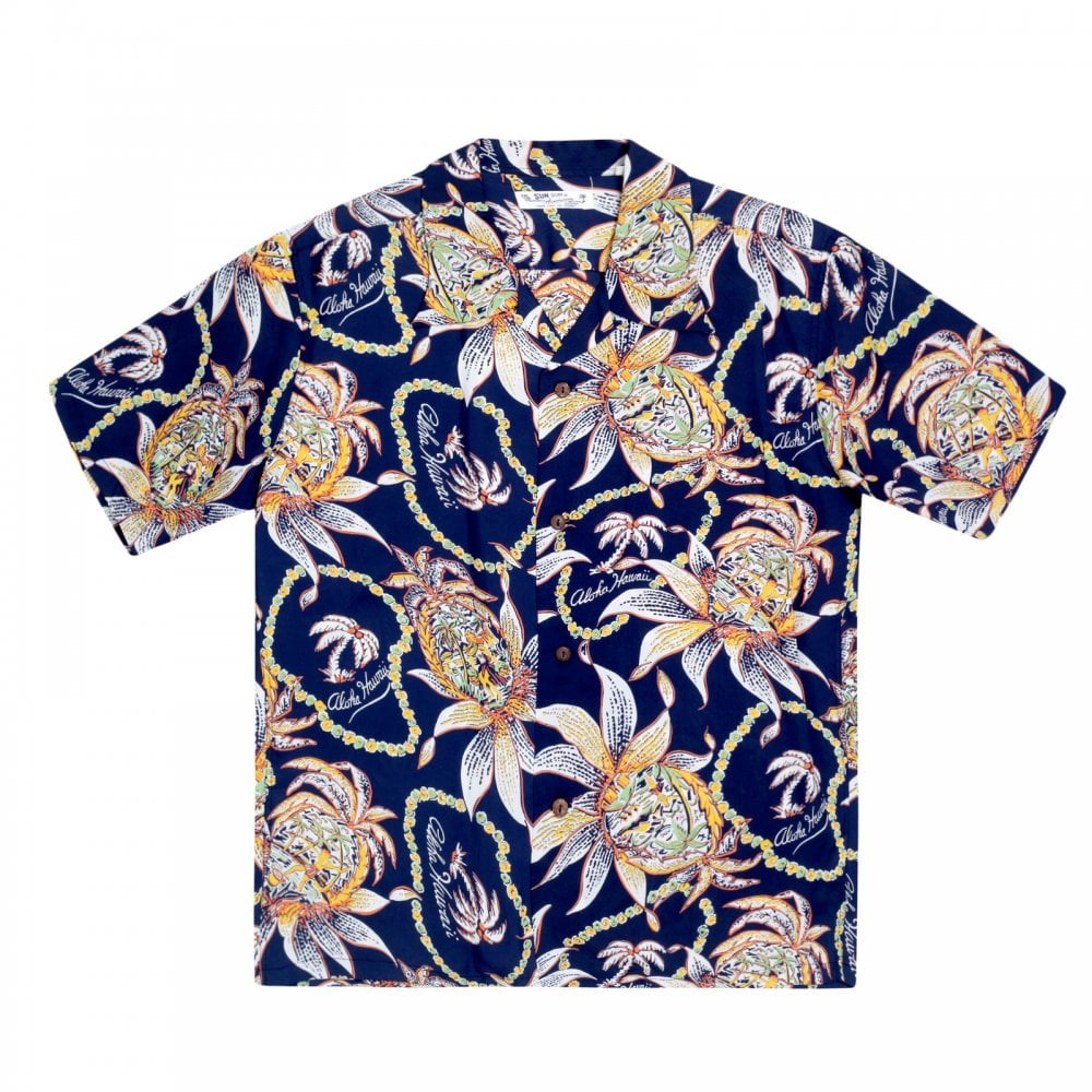 Sun Surf Regular Fit Short Sleeve SS37774 Dreams and Pineapples printed Navy Rayon Made Hawaiian Shirt for Men with Wooden Buttons