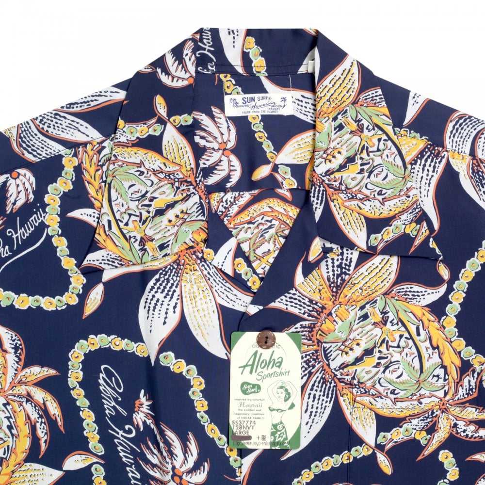 Sun Surf Regular Fit Short Sleeve SS37774 Dreams and Pineapples printed Navy Rayon Made Hawaiian Shirt for Men with Wooden Buttons