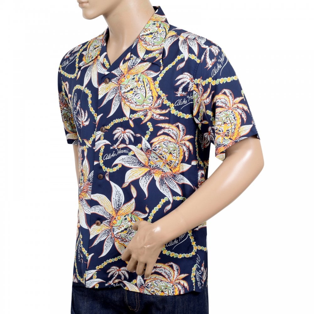 Sun Surf Regular Fit Short Sleeve SS37774 Dreams and Pineapples printed Navy Rayon Made Hawaiian Shirt for Men with Wooden Buttons