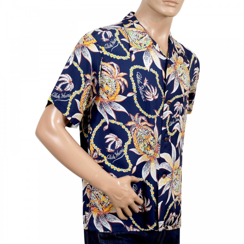 Sun Surf Regular Fit Short Sleeve SS37774 Dreams and Pineapples printed Navy Rayon Made Hawaiian Shirt for Men with Wooden Buttons