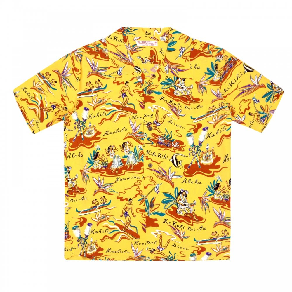 Sun Surf Regular Fit Short Sleeve SS37771 Hawaiian Hula printed Rayon Made Yellow Hawaiian Shirt for Men with Cuban Collar