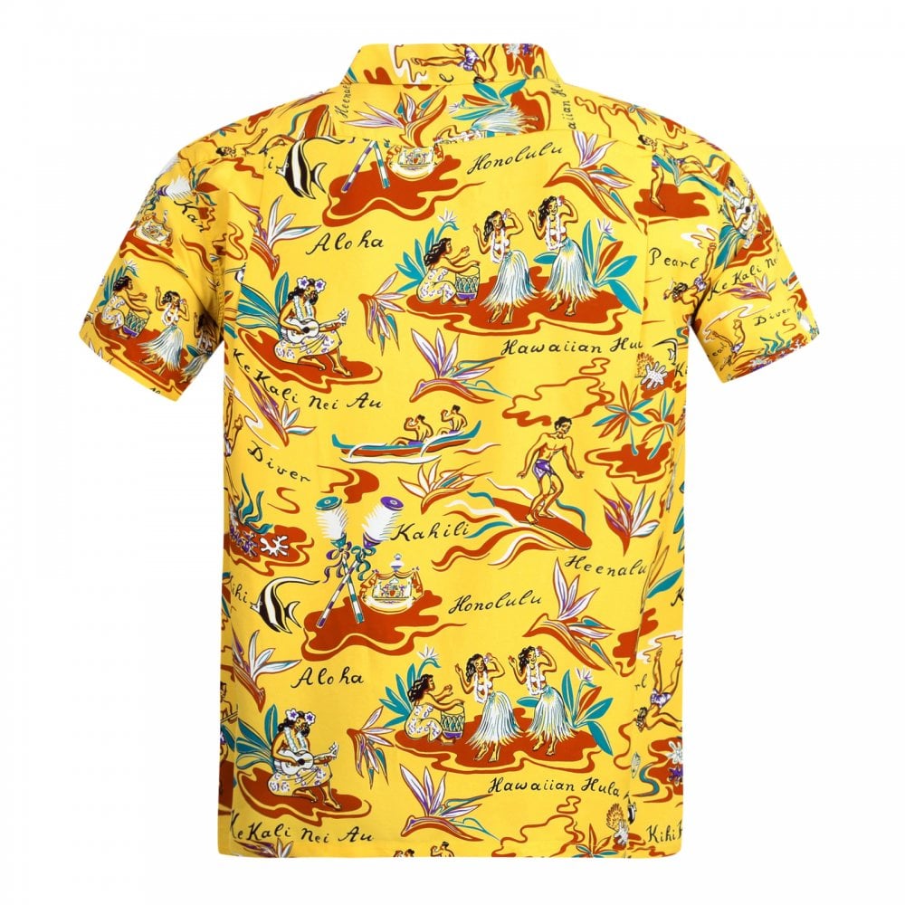 Sun Surf Regular Fit Short Sleeve SS37771 Hawaiian Hula printed Rayon Made Yellow Hawaiian Shirt for Men with Cuban Collar