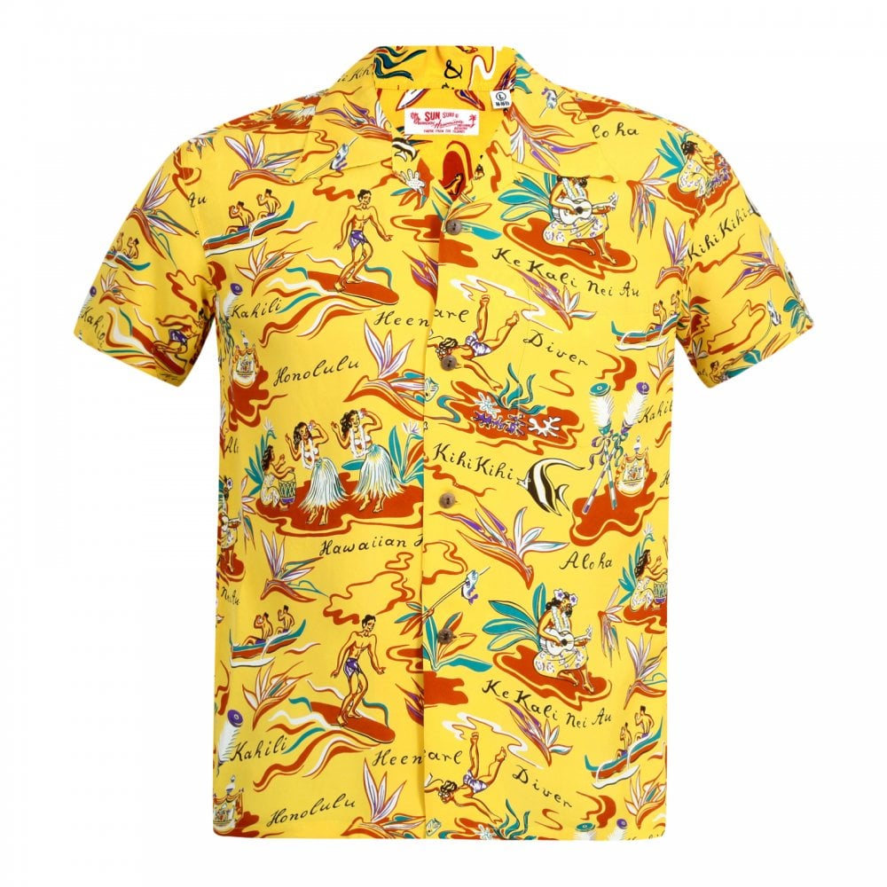 Sun Surf Regular Fit Short Sleeve SS37771 Hawaiian Hula printed Rayon Made Yellow Hawaiian Shirt for Men with Cuban Collar