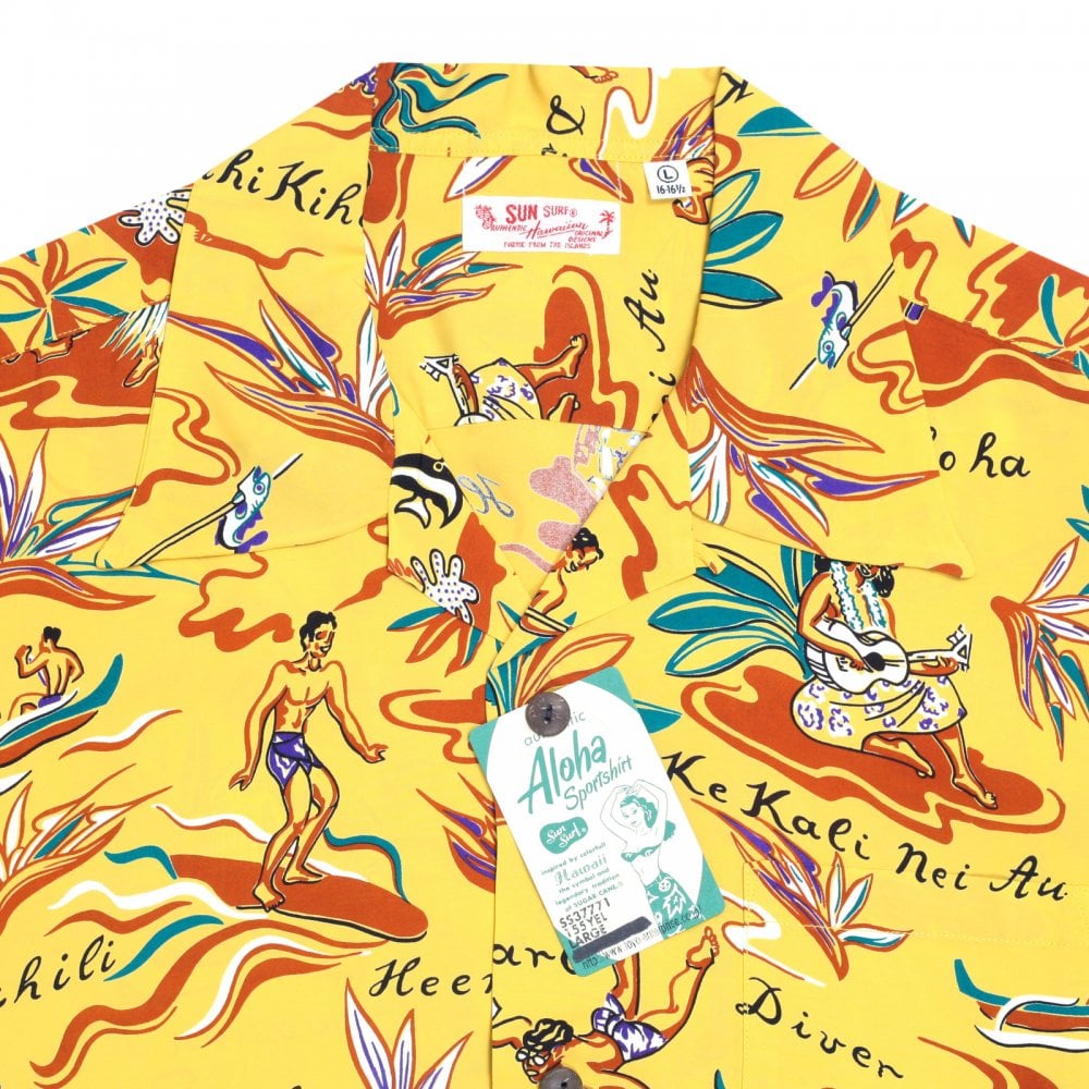 Sun Surf Regular Fit Short Sleeve SS37771 Hawaiian Hula printed Rayon Made Yellow Hawaiian Shirt for Men with Cuban Collar
