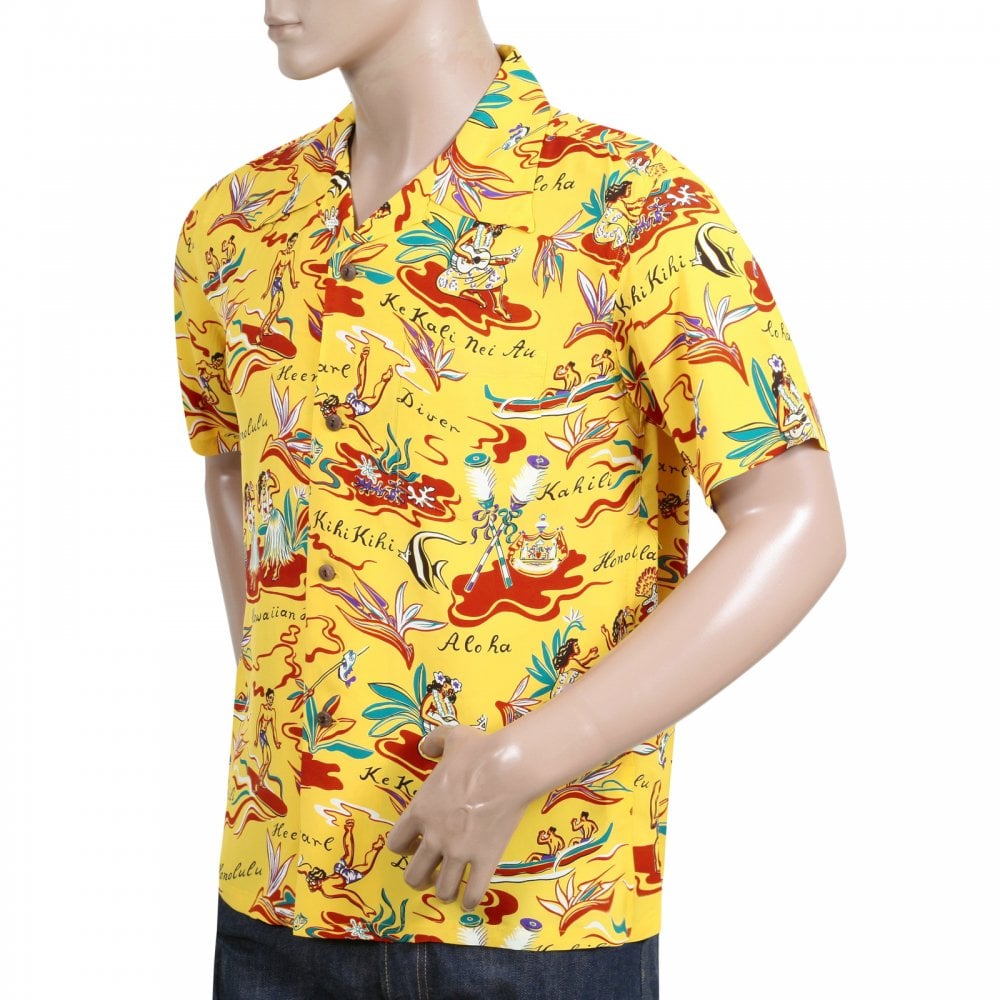 Sun Surf Regular Fit Short Sleeve SS37771 Hawaiian Hula printed Rayon Made Yellow Hawaiian Shirt for Men with Cuban Collar