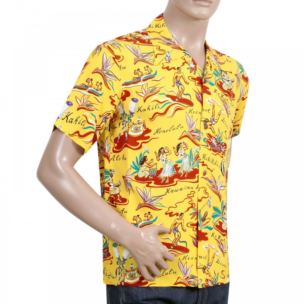 Sun Surf Regular Fit Short Sleeve SS37771 Hawaiian Hula printed Rayon Made Yellow Hawaiian Shirt for Men with Cuban Collar