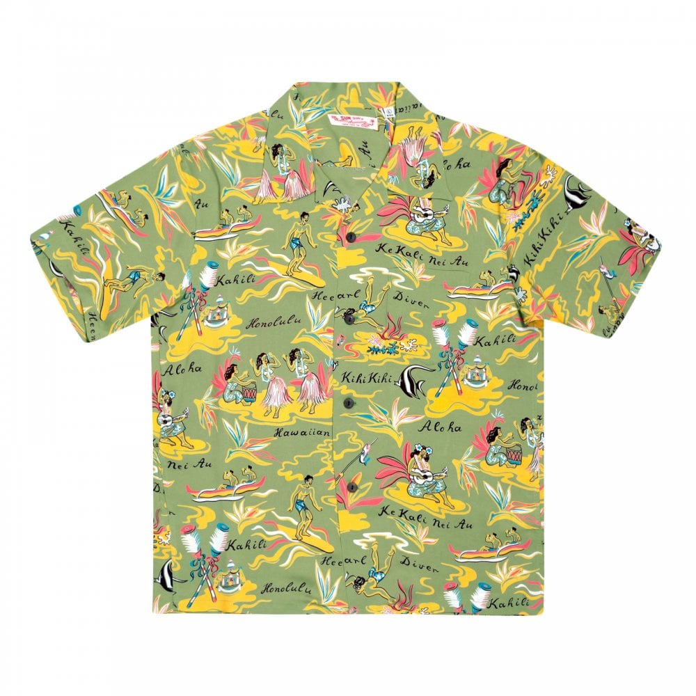Sun Surf Short Sleeve Regular Fit SS37771 Hawaiian Hula printed Rayon Made Green Hawaiian Shirt for Men with Wooden Buttons