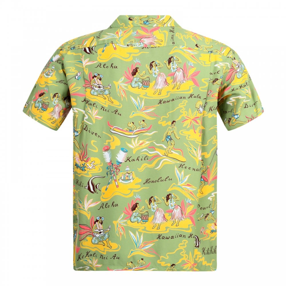 Sun Surf Short Sleeve Regular Fit SS37771 Hawaiian Hula printed Rayon Made Green Hawaiian Shirt for Men with Wooden Buttons
