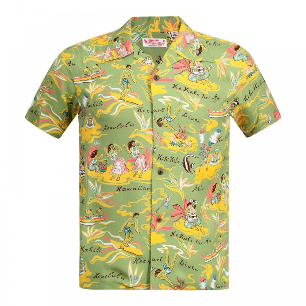 Sun Surf Short Sleeve Regular Fit SS37771 Hawaiian Hula printed Rayon Made Green Hawaiian Shirt for Men with Wooden Buttons
