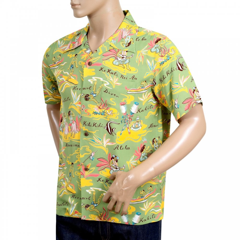 Sun Surf Short Sleeve Regular Fit SS37771 Hawaiian Hula printed Rayon Made Green Hawaiian Shirt for Men with Wooden Buttons