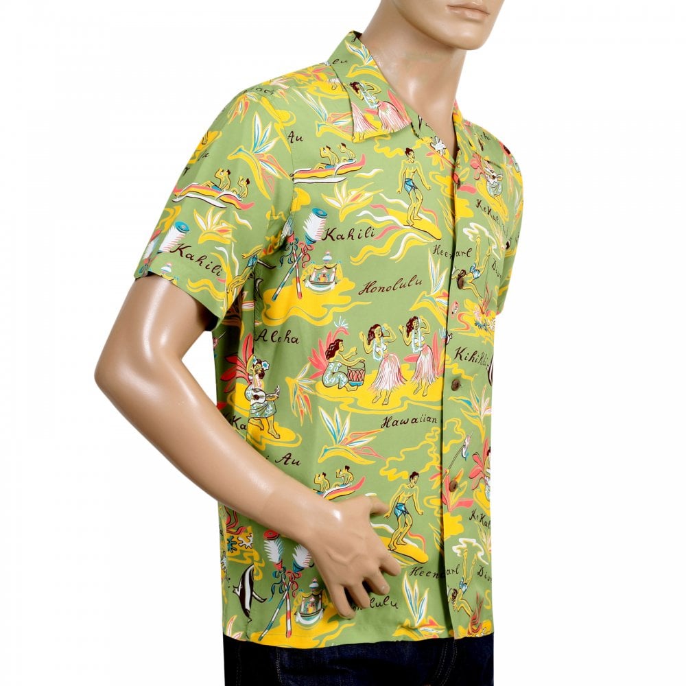 Sun Surf Short Sleeve Regular Fit SS37771 Hawaiian Hula printed Rayon Made Green Hawaiian Shirt for Men with Wooden Buttons