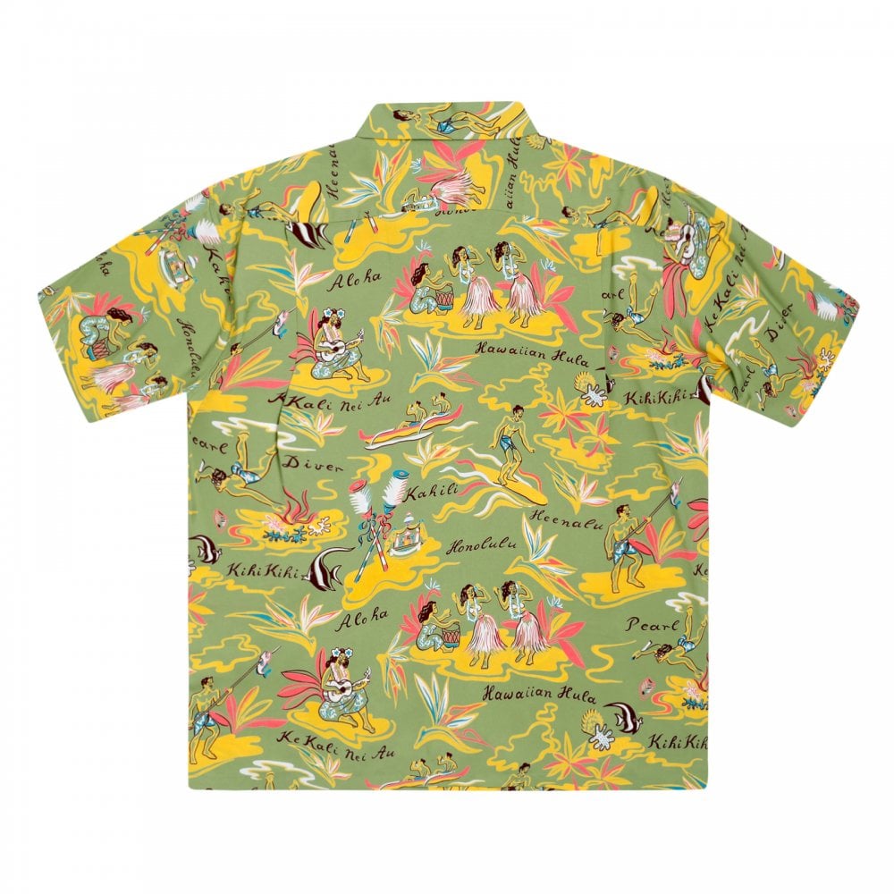 Sun Surf Short Sleeve Regular Fit SS37771 Hawaiian Hula printed Rayon Made Green Hawaiian Shirt for Men with Wooden Buttons